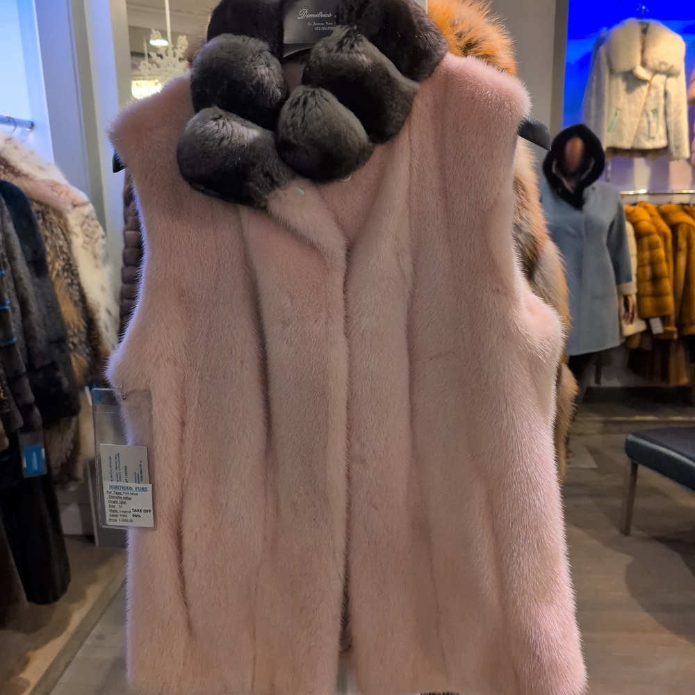 New  Pink Mink Vest with Chincilla Natural Collar